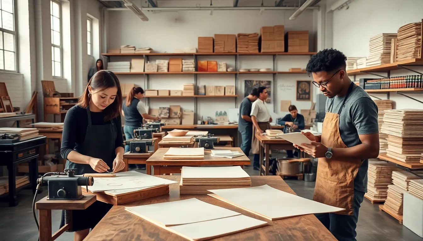 artisans crafting paper in a modern papigrafifico workshop.